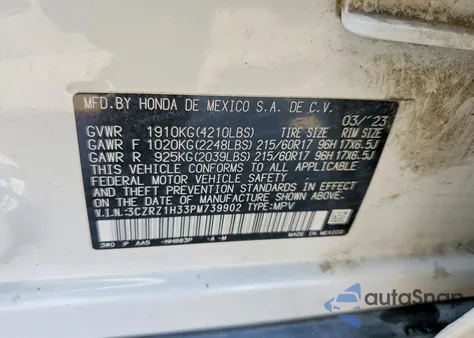 2023 Honda Hr-V Lx z USA, uszkodzony, nr VIN 3CZRZ1H33PM739902